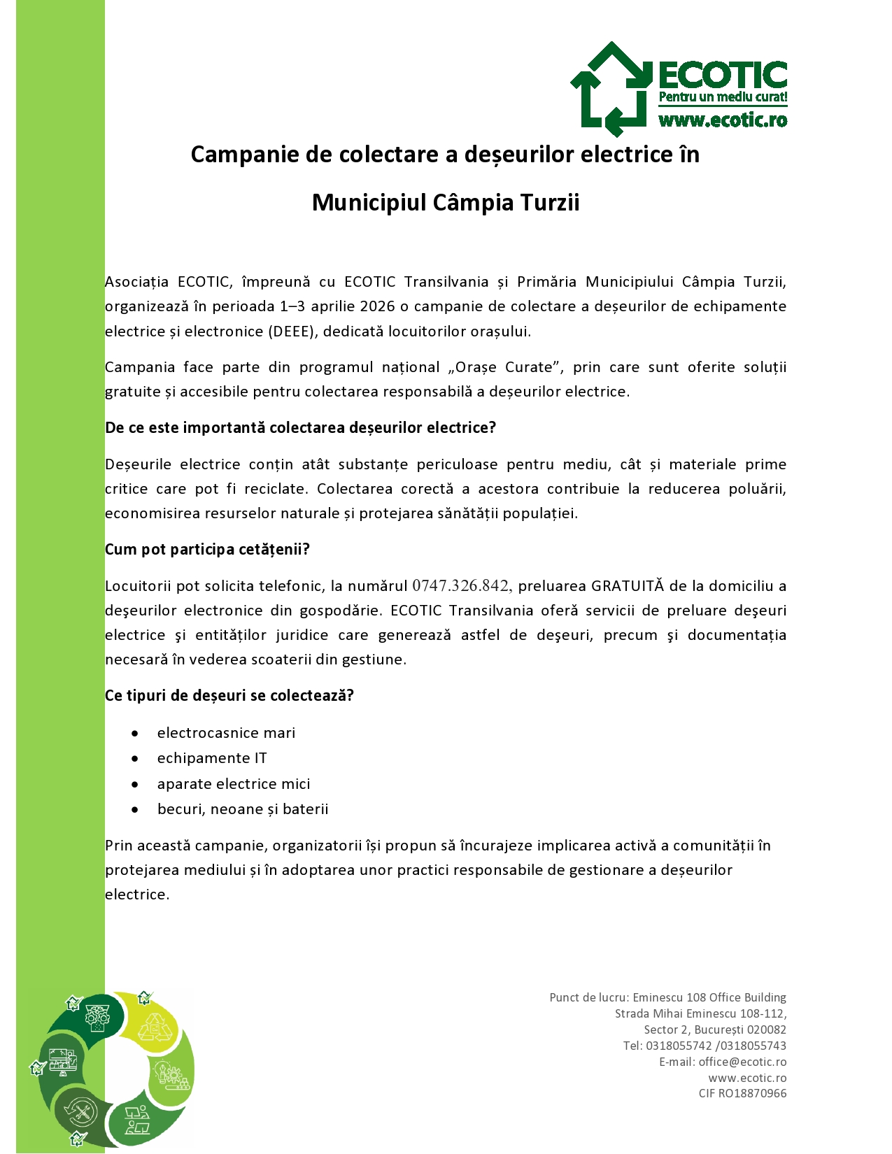 colectare deșeuri electrice și electronice, ECOTIC, DEEE România, Orașe Curate, reciclare electronice, mediu Câmpia Turzii, campanie reciclare